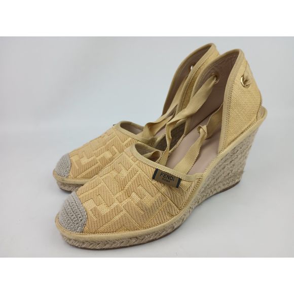Fendi Women's Roma Natural FF Logo Ankle Strap Sandals Espadrilles Wedge Size 41 - Picture 3 of 7
